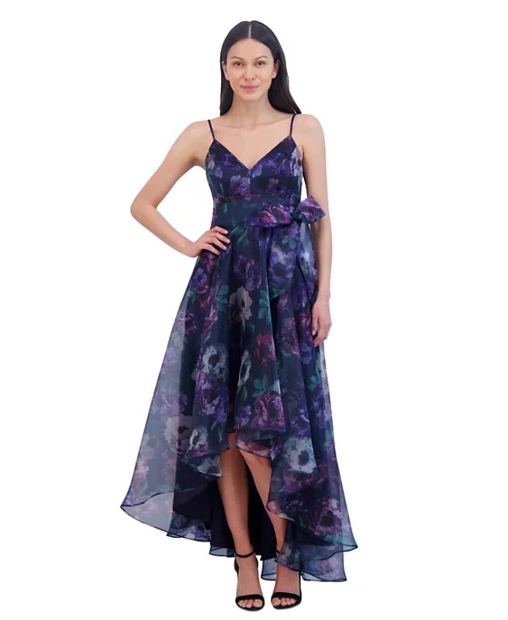 Eliza J Floral Print Sleeveless High Low Ethereal Whimsical Gown Navy NWT 8